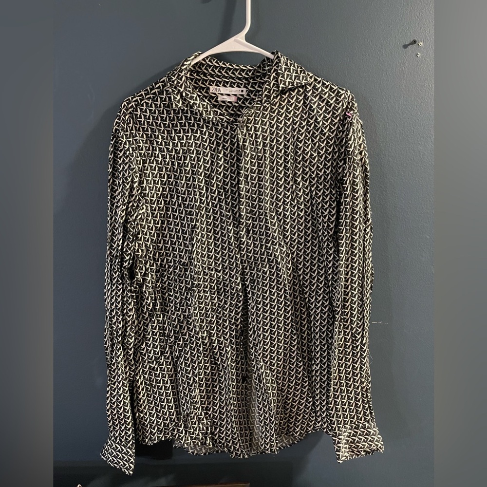 ZARA Men’s Bird Print Dress Shirt Size Small Black & White #2107
